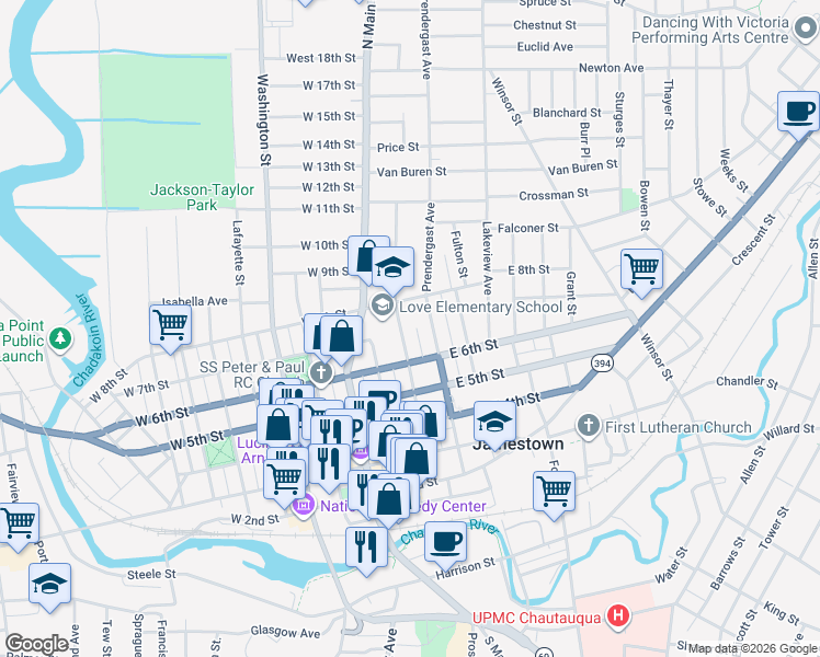 map of restaurants, bars, coffee shops, grocery stores, and more near 627 Prendergast Avenue in Jamestown