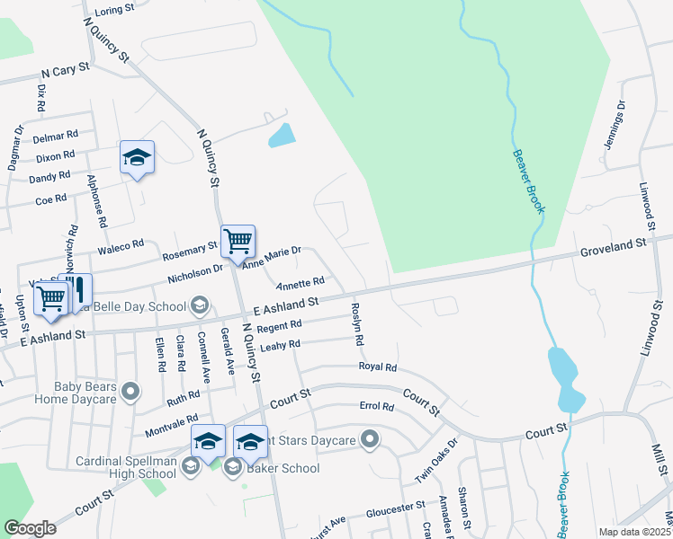 map of restaurants, bars, coffee shops, grocery stores, and more near 118 Anne Marie Drive in Brockton