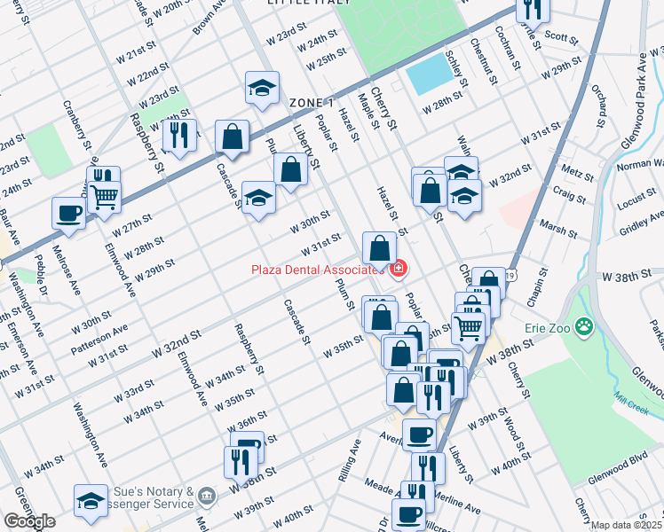 map of restaurants, bars, coffee shops, grocery stores, and more near 3199 Plum Street in Erie