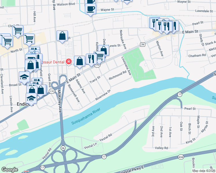 map of restaurants, bars, coffee shops, grocery stores, and more near 2101 Riverview Dr in Endicott