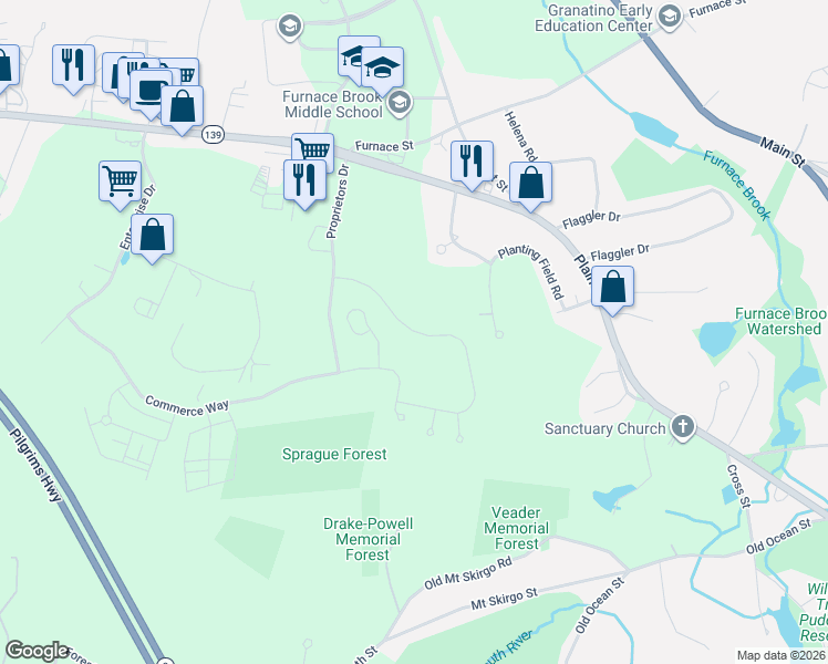 map of restaurants, bars, coffee shops, grocery stores, and more near 20 Seth Sprague Drive in Marshfield