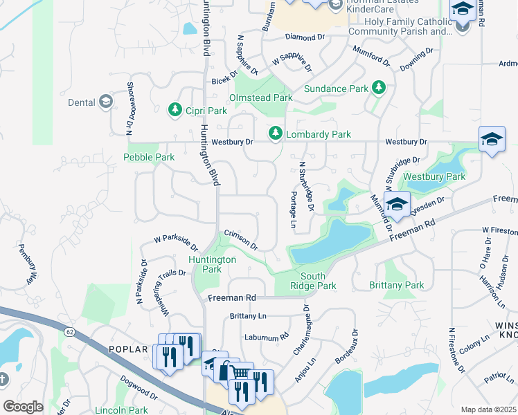 map of restaurants, bars, coffee shops, grocery stores, and more near 1595 Buckthorn Drive in Hoffman Estates