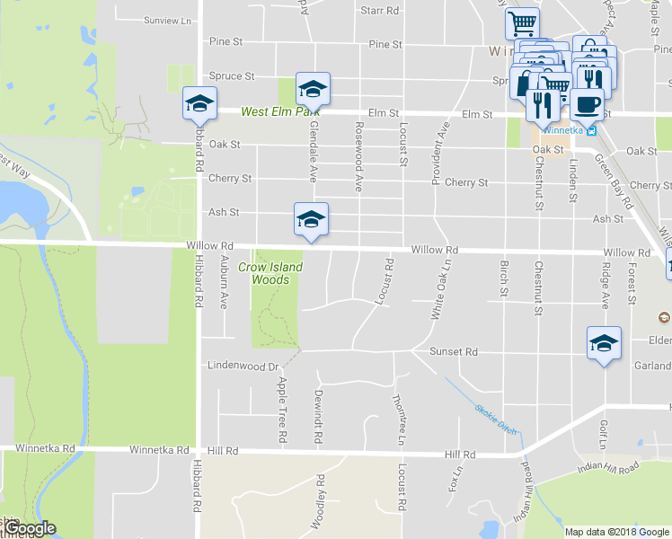 map of restaurants, bars, coffee shops, grocery stores, and more near 335 Glendale Avenue in Winnetka