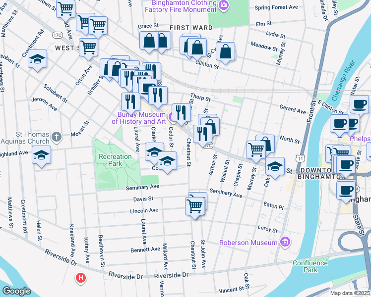 map of restaurants, bars, coffee shops, grocery stores, and more near 109 Chestnut Street in Binghamton