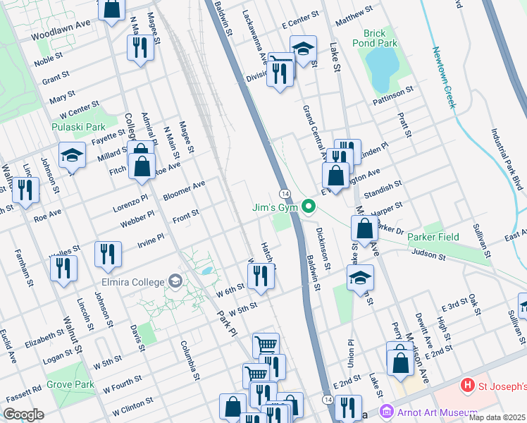 map of restaurants, bars, coffee shops, grocery stores, and more near 155 East Washington Avenue in Elmira