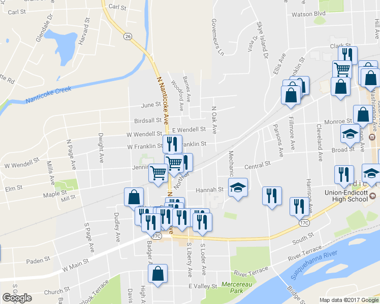 map of restaurants, bars, coffee shops, grocery stores, and more near 12 North Liberty Avenue in Endicott
