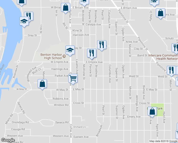 map of restaurants, bars, coffee shops, grocery stores, and more near 972 Pavone Street in Benton Harbor