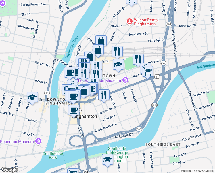 map of restaurants, bars, coffee shops, grocery stores, and more near Pine Street & Carroll Street in Binghamton
