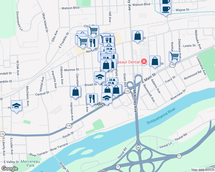 map of restaurants, bars, coffee shops, grocery stores, and more near 200 Washington Avenue in Endicott