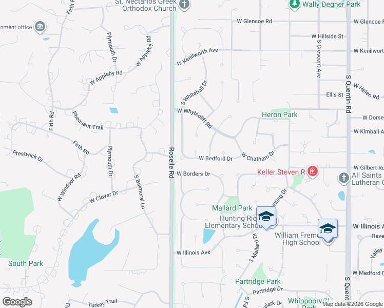 map of restaurants, bars, coffee shops, grocery stores, and more near 1302 West Bedford Drive in Palatine