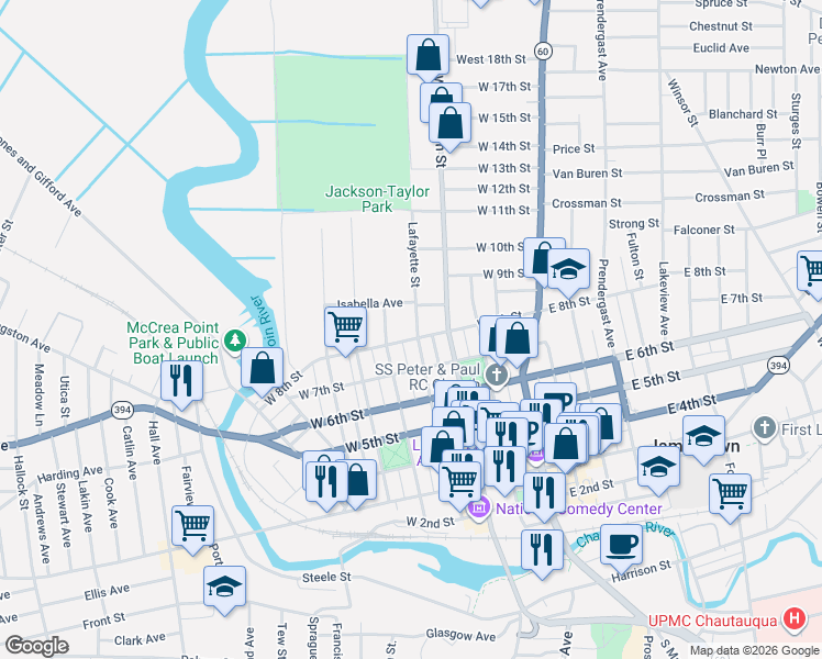 map of restaurants, bars, coffee shops, grocery stores, and more near 803 Lafayette Street in Jamestown