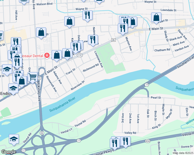 map of restaurants, bars, coffee shops, grocery stores, and more near 2114 Riverview Drive in Endicott