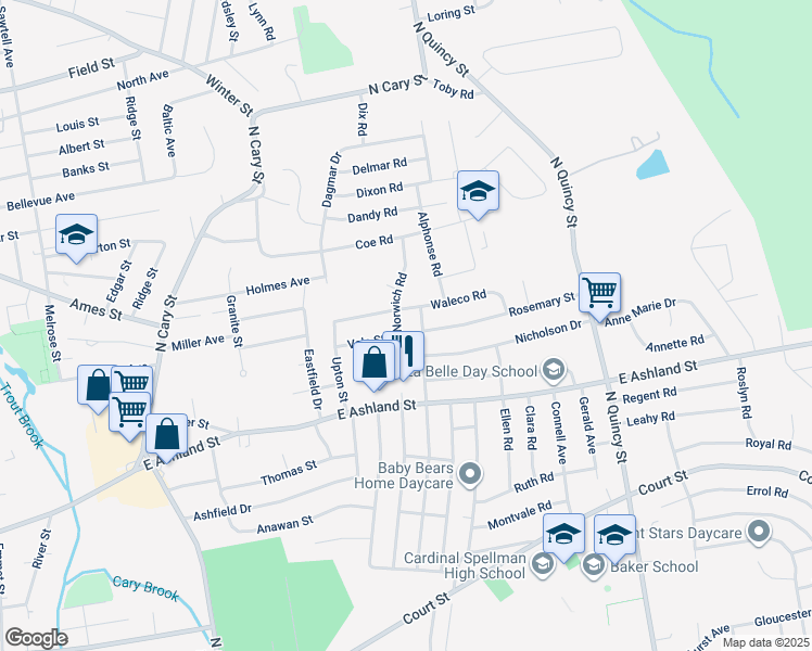 map of restaurants, bars, coffee shops, grocery stores, and more near 68 Colgate Road in Brockton
