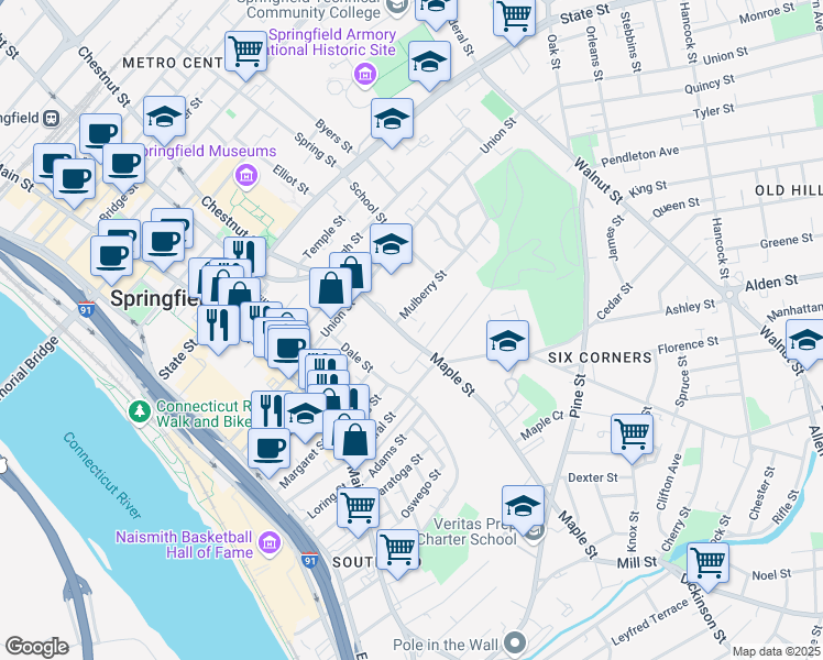map of restaurants, bars, coffee shops, grocery stores, and more near 155 Maple Street in Springfield