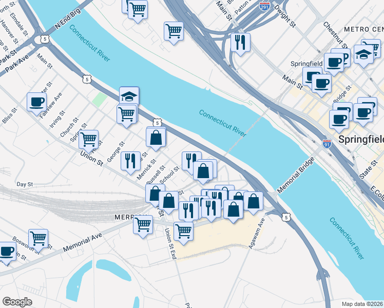 map of restaurants, bars, coffee shops, grocery stores, and more near 55 East School Street in West Springfield