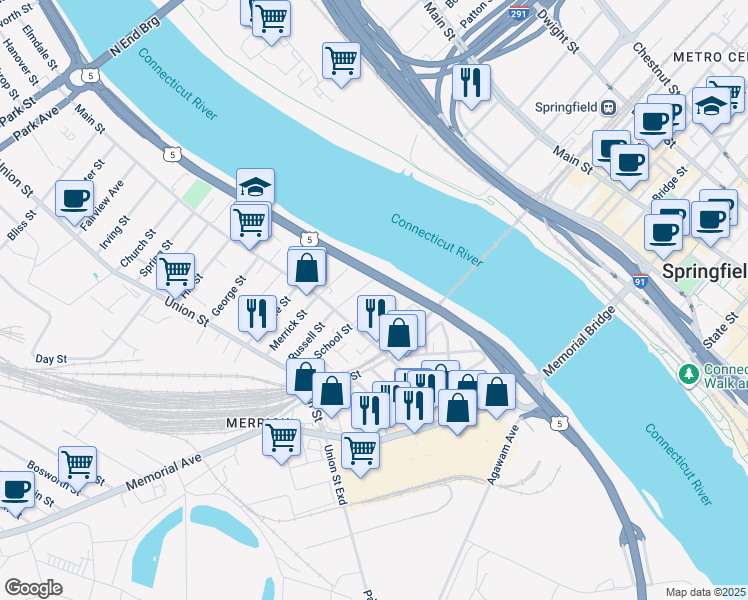 map of restaurants, bars, coffee shops, grocery stores, and more near 55 East School Street in West Springfield