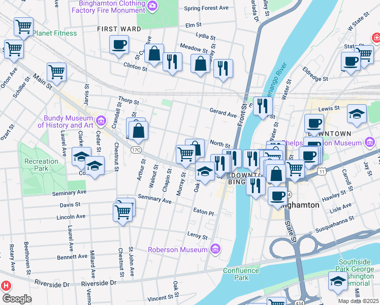 map of restaurants, bars, coffee shops, grocery stores, and more near 123 Murray Street in Binghamton