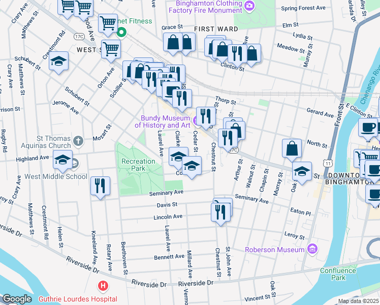 map of restaurants, bars, coffee shops, grocery stores, and more near 23 Cedar Street in Binghamton