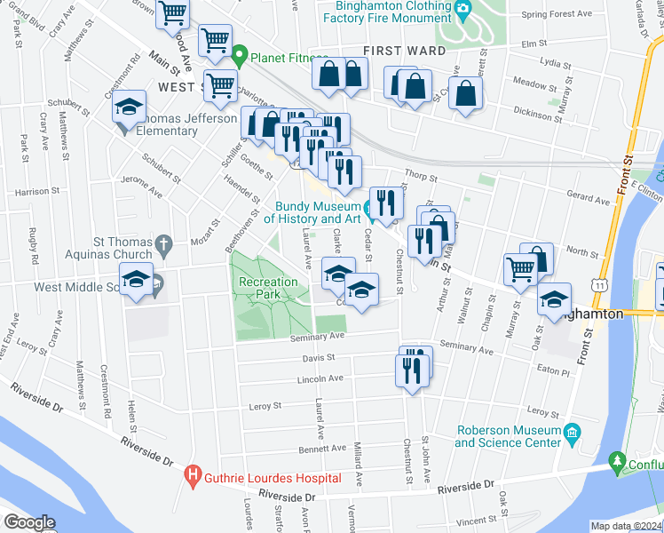 map of restaurants, bars, coffee shops, grocery stores, and more near 19 Clarke Street in Binghamton