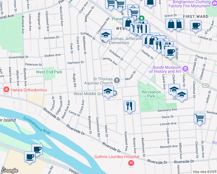 map of restaurants, bars, coffee shops, grocery stores, and more near 38 Highland Avenue in Binghamton