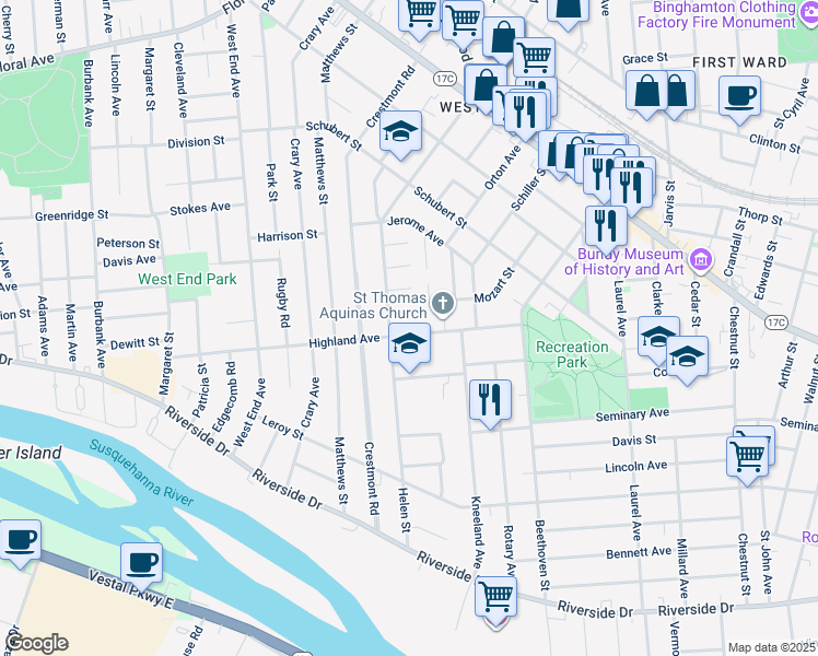 map of restaurants, bars, coffee shops, grocery stores, and more near 38 Highland Avenue in Binghamton