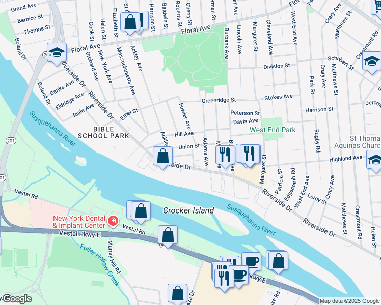 map of restaurants, bars, coffee shops, grocery stores, and more near 78 Union Street in Johnson City