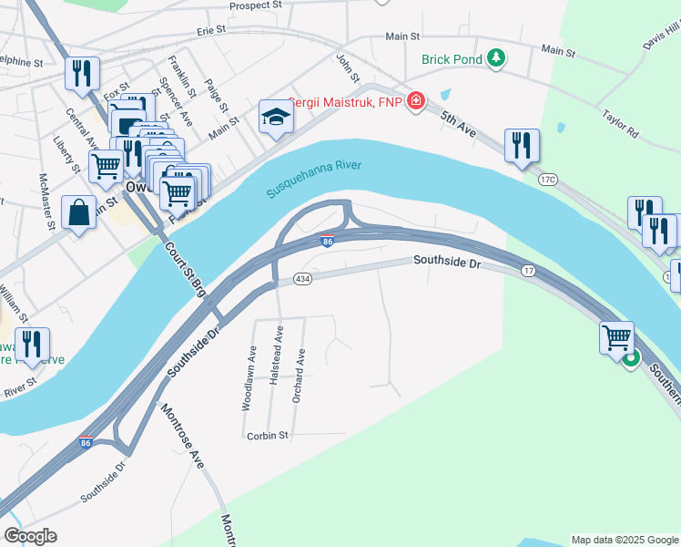 map of restaurants, bars, coffee shops, grocery stores, and more near 105-113 Southside Drive in Owego