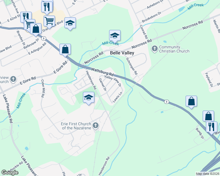 map of restaurants, bars, coffee shops, grocery stores, and more near Harmon Drive in Erie