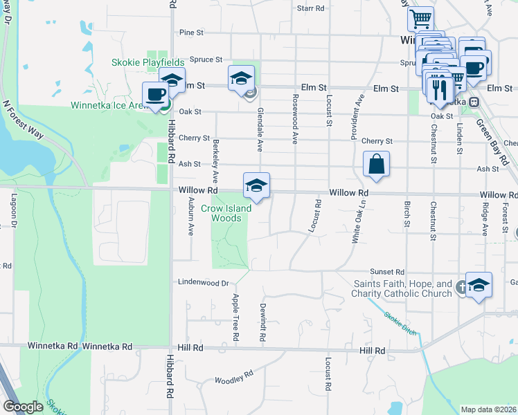 map of restaurants, bars, coffee shops, grocery stores, and more near 335 Glendale Avenue in Winnetka