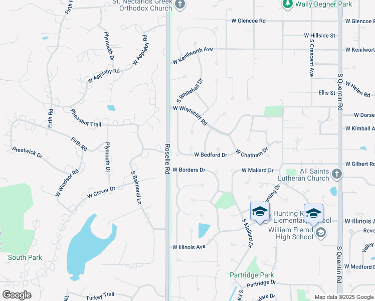 map of restaurants, bars, coffee shops, grocery stores, and more near 1302 West Bedford Drive in Palatine