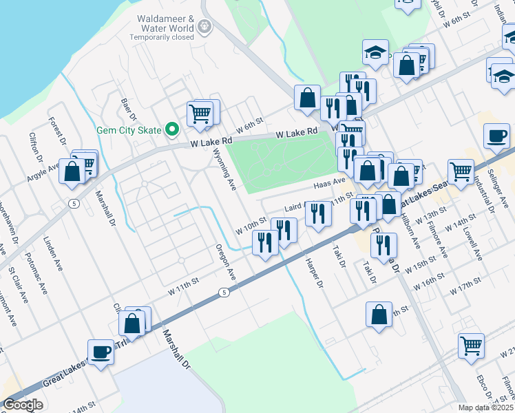 map of restaurants, bars, coffee shops, grocery stores, and more near 914 Sill Avenue in Erie