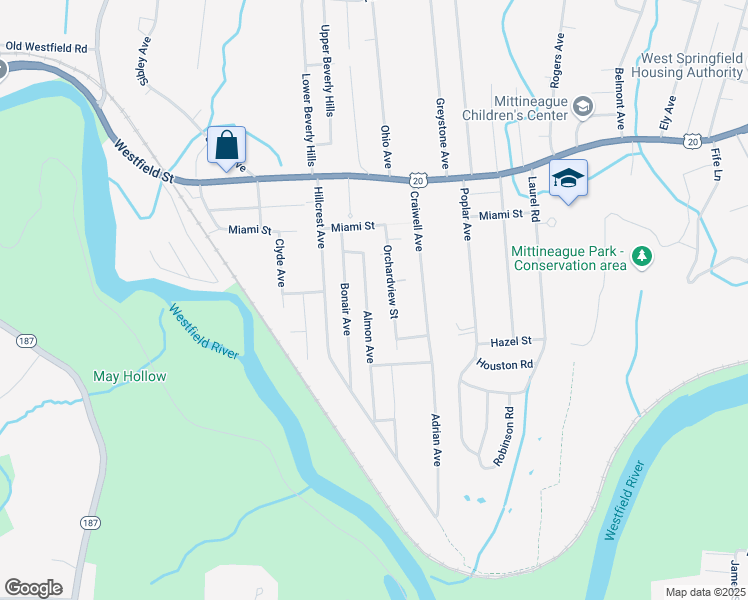 map of restaurants, bars, coffee shops, grocery stores, and more near 59 Almon Avenue in West Springfield