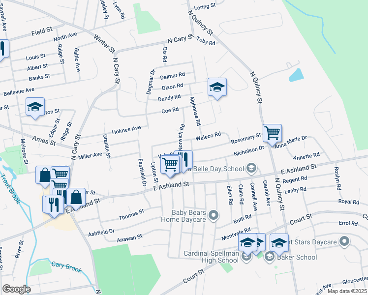 map of restaurants, bars, coffee shops, grocery stores, and more near 68 Colgate Road in Brockton