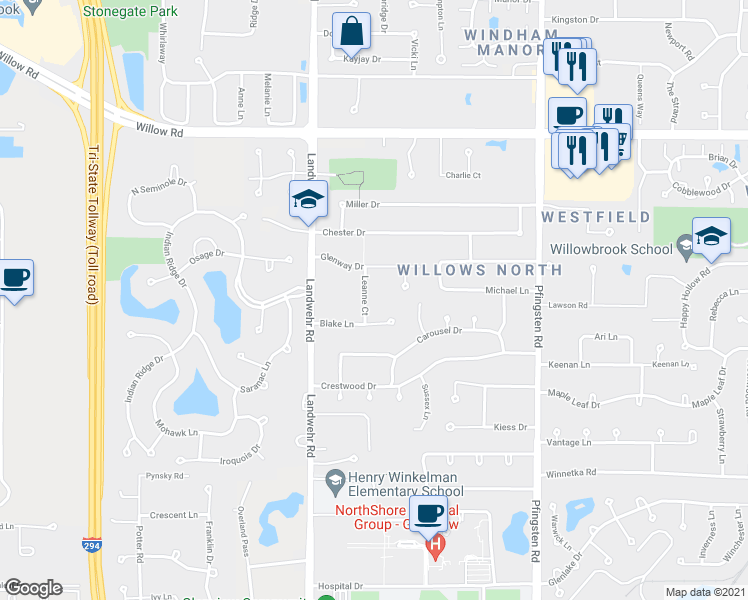 map of restaurants, bars, coffee shops, grocery stores, and more near 2895 Leanne Court in Northbrook