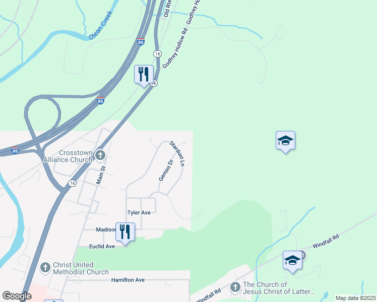 map of restaurants, bars, coffee shops, grocery stores, and more near 1805 Stardust Ln in Olean
