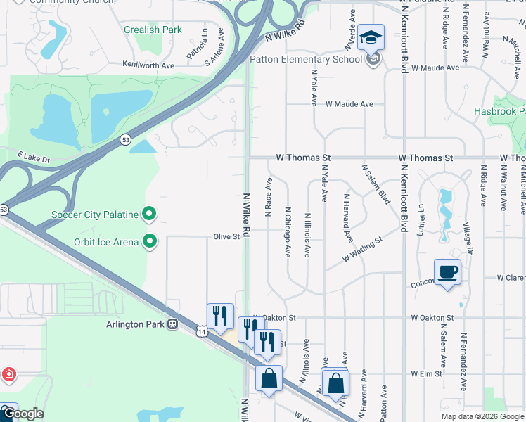 map of restaurants, bars, coffee shops, grocery stores, and more near 1330 North Race Avenue in Arlington Heights
