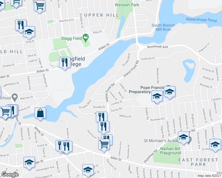 map of restaurants, bars, coffee shops, grocery stores, and more near 265 Island Pond Road in Springfield