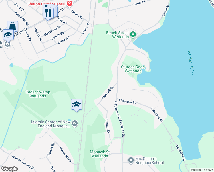 map of restaurants, bars, coffee shops, grocery stores, and more near 15 Mohawk Street in Sharon
