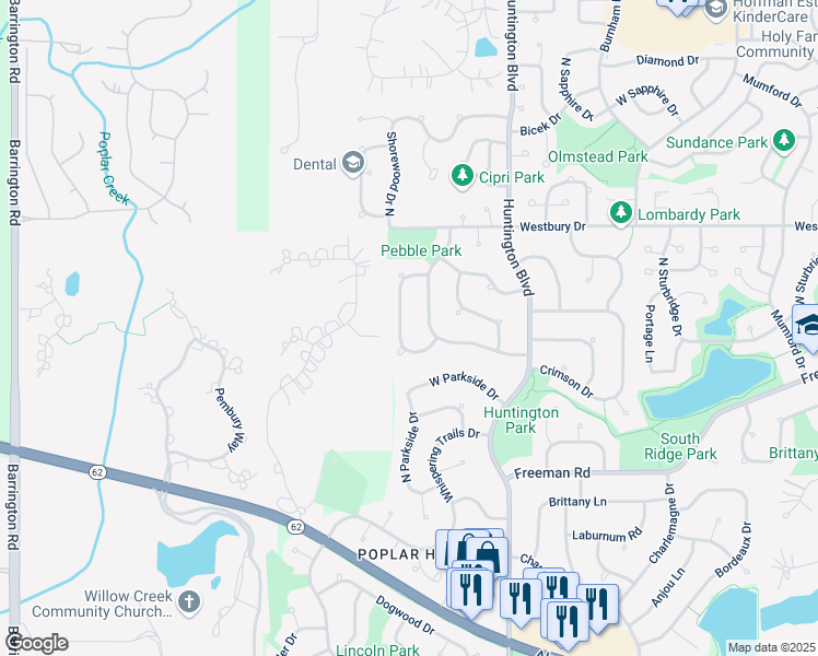 map of restaurants, bars, coffee shops, grocery stores, and more near 4260 North Cottonwood Trail in Hoffman Estates