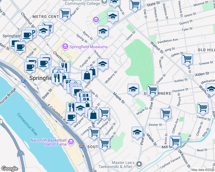 map of restaurants, bars, coffee shops, grocery stores, and more near 141 Maple Street in Springfield