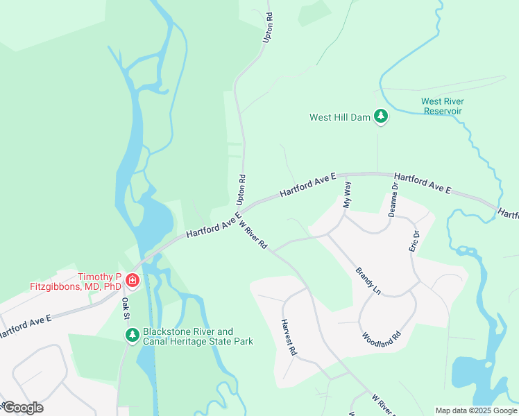 map of restaurants, bars, coffee shops, grocery stores, and more near 411 Hartford Avenue East in Uxbridge