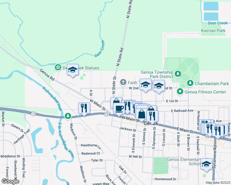 map of restaurants, bars, coffee shops, grocery stores, and more near 224 North State Street in Genoa