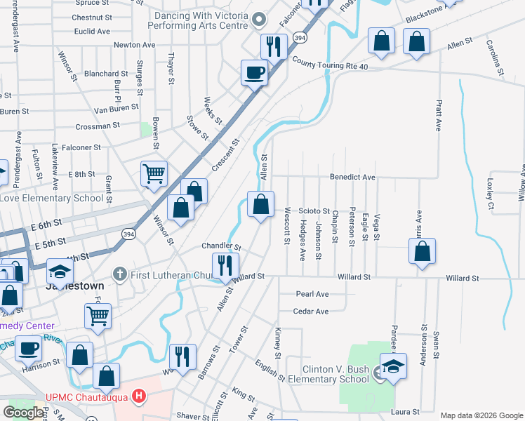 map of restaurants, bars, coffee shops, grocery stores, and more near 583 Allen Street in Jamestown