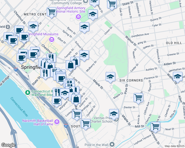 map of restaurants, bars, coffee shops, grocery stores, and more near 155 Maple Street in Springfield