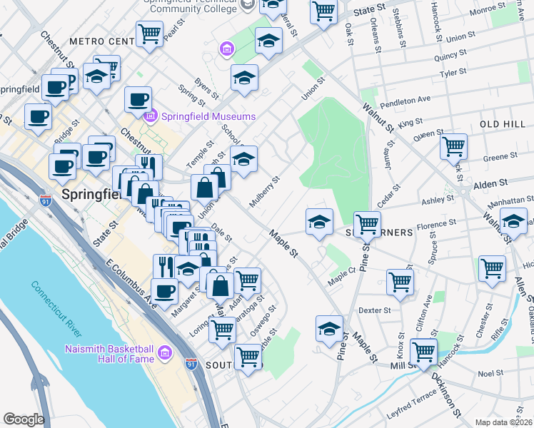 map of restaurants, bars, coffee shops, grocery stores, and more near 155 Maple Street in Springfield