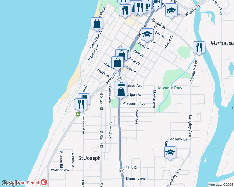 map of restaurants, bars, coffee shops, grocery stores, and more near 1408 Niles Avenue in St. Joseph