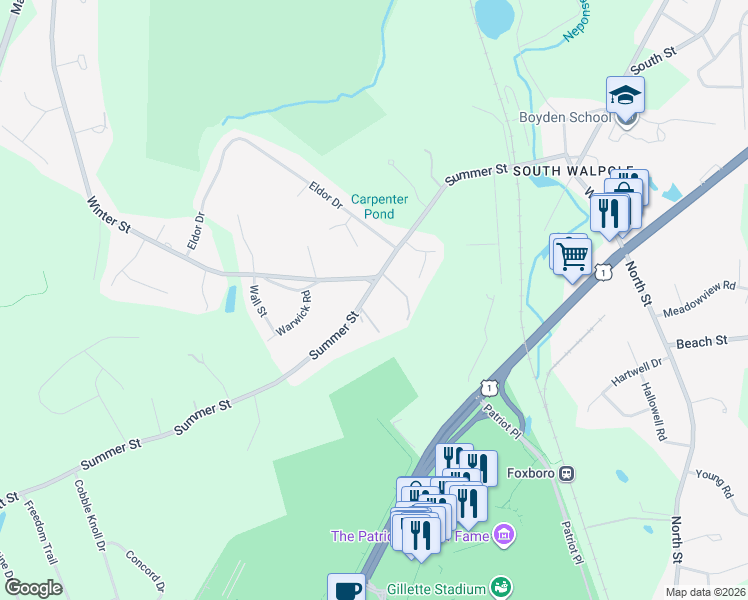 map of restaurants, bars, coffee shops, grocery stores, and more near 190 Summer Street in Walpole