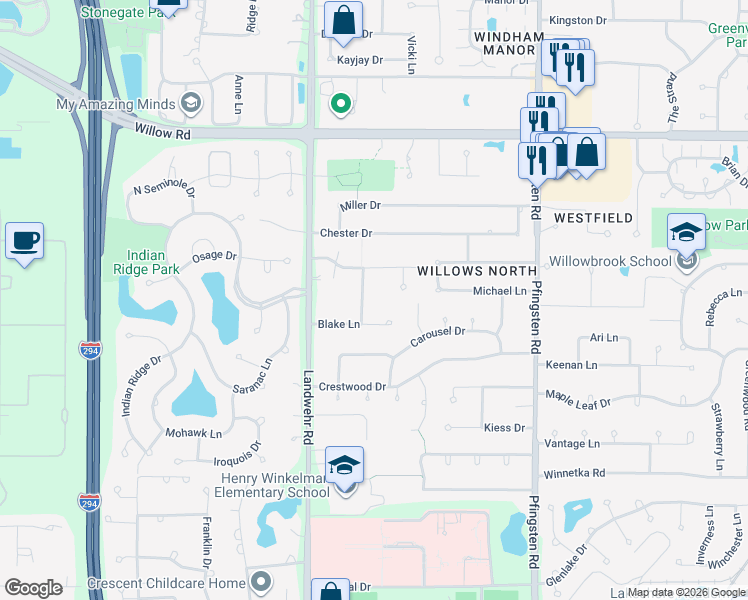 map of restaurants, bars, coffee shops, grocery stores, and more near 2895 Leanne Court in Northbrook