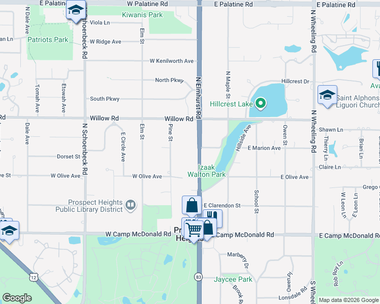 map of restaurants, bars, coffee shops, grocery stores, and more near 210 North Elmhurst Road in Prospect Heights