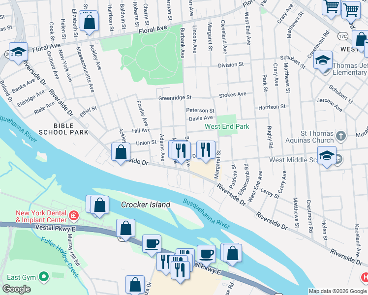 map of restaurants, bars, coffee shops, grocery stores, and more near 302 Burbank Avenue in Johnson City